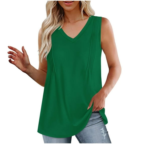 Tmtolofot Basic Solid Color Tops For Women Casual V Neck Tshirts Female Pleated Loose Vests Summer Sexy Comfortable Tees Women's Sleeves Blouse,3_Green,Medium