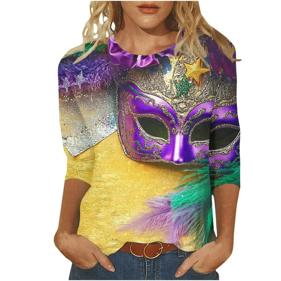 Tmtolofot Carnval Shirts Women 3/4 Sleeve Blouses Crewneck Pullover Tops Mardi Gras Mask Tshirts Loose Plus Size Clothing Party,#8_Purple,3X-Large
