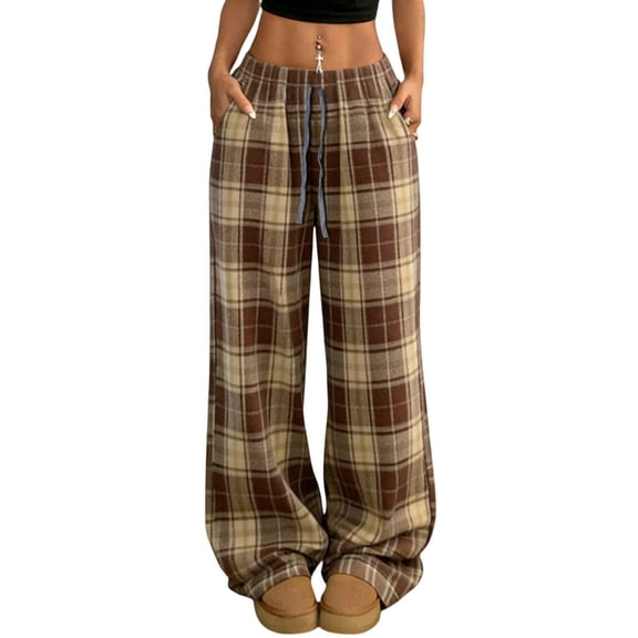 Tmtolofot Checkered Pants for Women Baggy Drawstring Low Rise Stretchy Pant with Pockets Casual Plaid Trousers Wide Leg Slacks Loose Fit Trendy Slacks 2026 Spring Summer Pants|Khaki|S
