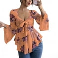 thumbnail image 1 of Tmtolofot Chiffon Tops for Women Front Bow Tie Tunic Tops Ruffle Hem Long Sleeve Shirts V Neck Floral Print Peplum Blouses Fashion Trendy Sexy Outfits 2026 Vacation Elegant Tee Top|Orange|S, 1 of 5
