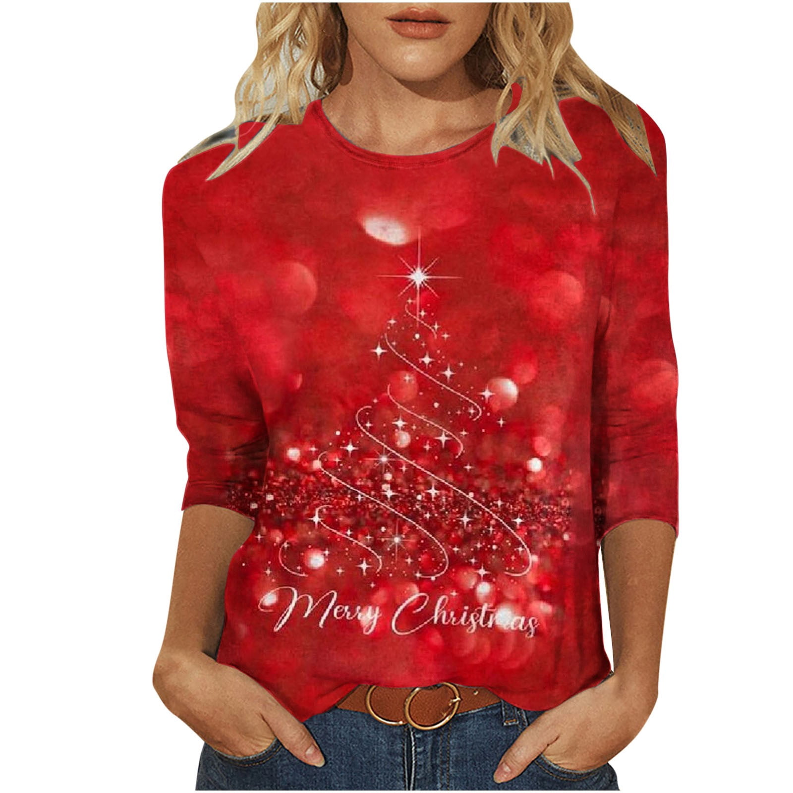 Tmtolofot Christmas Shirt for Women Xmas Tree Glitter Tops 3/4 Sleeve — free download