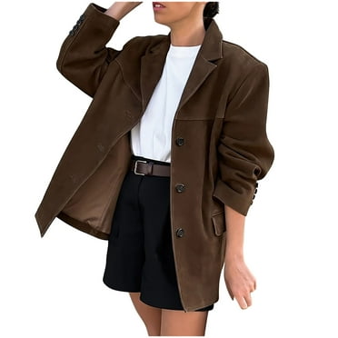 Tmtolofot Clearance!Womens Open Front Blazers Trendy Long Sleeve Lapel Neck Jackets Fall Streewear Button Down Coats with Pockets,Brown,Large