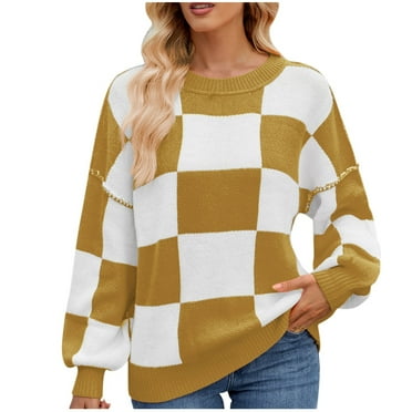 Tmtolofot Clearance!Womens Plaid Sweater Shirts Round Neck Loose Tops Oversize Drop Shoulder Pullover Blouses Outerrwear,Khaki,Medium