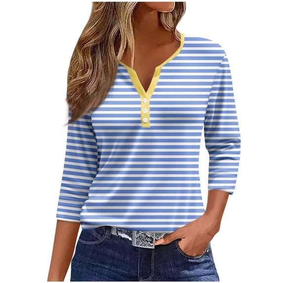Tmtolofot Color Block Tunic Top Women Striped Tee Summer Loose V Neck 3/4 Sleeve Shirt 2024 Fashion Ribbed Knit Slim Fit Tops Casual Basic Workout Yoga Shirt,1_Light Blue,Medium