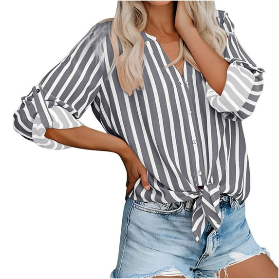 Tmtolofot Colorful Striped Shirts For Women 3/4 Sleeves Front Tie Tunic Blouse Female Stripes Modern Style Top Women's Casual V-Neck Tops Lightweight Comfy Pull-On Shirts,1_Gray,XX-Large
