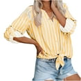 thumbnail image 1 of Tmtolofot Colorful Striped Shirts For Women 3/4 Sleeves Front Tie Tunic Blouse Female Stripes Modern Style Top Women's Casual V-Neck Tops Lightweight Comfy Pull-On Shirts,1_Yellow,Large, 1 of 7