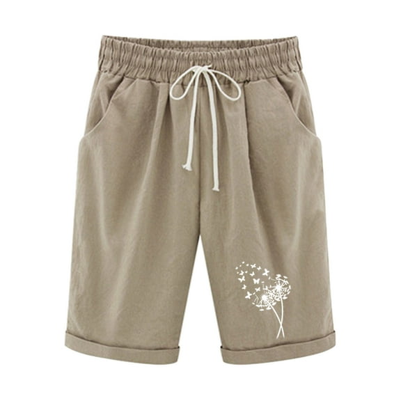 Tmtolofot Cotton Linen Short Pants For Womans Dandelion Printed Casual Short Womens Durable Breathable Pleated Shorts Female Summer Fashion Short Pants,1_Khaki,Large