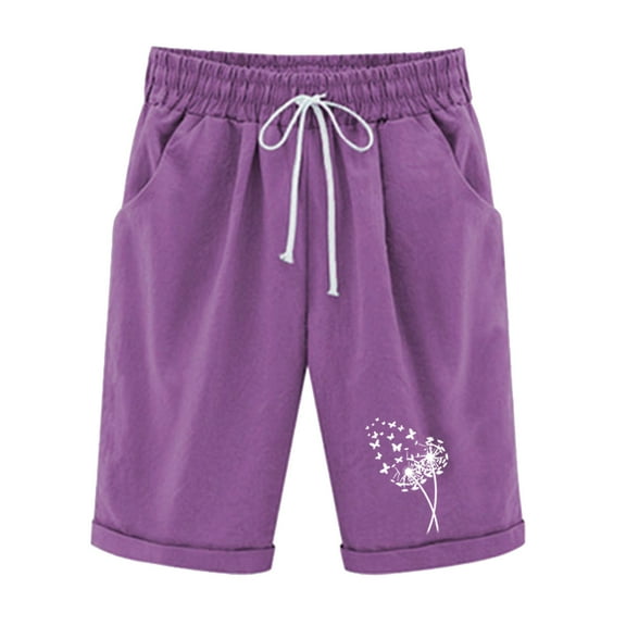 Tmtolofot Cotton Linen Short Pants For Womans Dandelion Printed Casual Short Womens Durable Breathable Pleated Shorts Female Summer Fashion Short Pants,1_Purple,Small