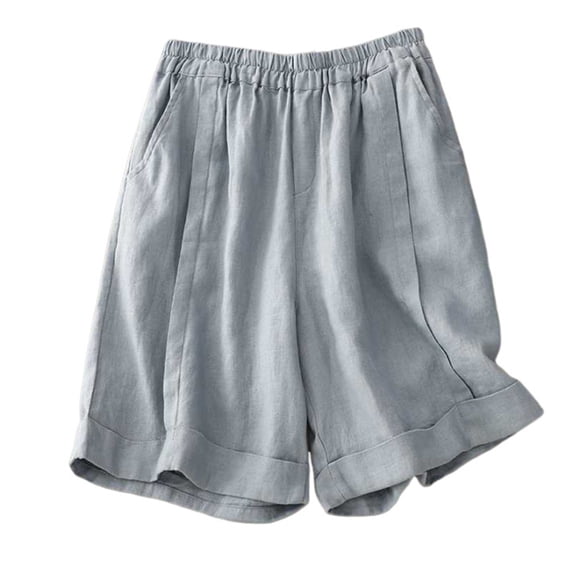 Tmtolofot Cotton Linen Shorts For Womans,Stretch Short Pants Casual Solid Color Short Pleated Durable Shorts Lightweight Fitness Sporty Clothes,1_Light Blue,Medium