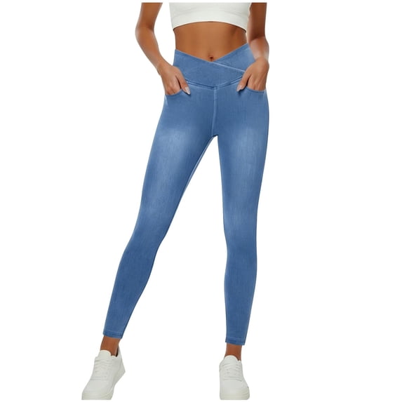 Tmtolofot Cross Wrap Jeggings for Women Tummy Control Pull on Stretchy Jean Leggings High Waisted Crossover Skinny Jeans with Pockets Slim Fit Gym Workout Yoga Pants 2026 Yoga Leggings|Light Blue