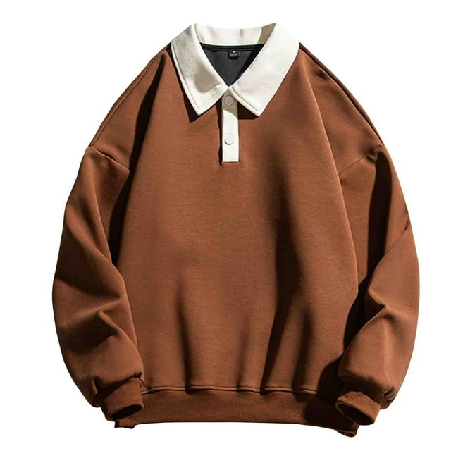 Tmtolofot Deals!Men's Casual Polo Shirts Classic Button Basic Blouses Long Sleeve Pullover Shirt Oversize Tees Stylish Tops,Coffee,Large