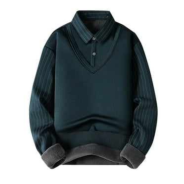 Tmtolofot Deals!Men's Fake Two Piece Polos Pullover Shirts Fleece Lined Thermal Blouses Long Sleeve Tops Button Lapel Neck Tees,Army Green,Large