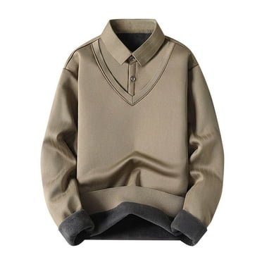 Tmtolofot Deals!Men's Fake Two Piece Polos Pullover Shirts Fleece Lined Thermal Blouses Long Sleeve Tops Button Lapel Neck Tees,Khaki,XX-Large