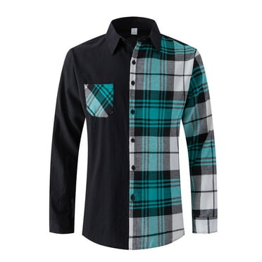 Tmtolofot Deals!Plaid Shirt for Men Patchwork Slim Tops Lapel Neck Button Blouses Long Sleeve Shirts with Pockets,Green,3X-Large
