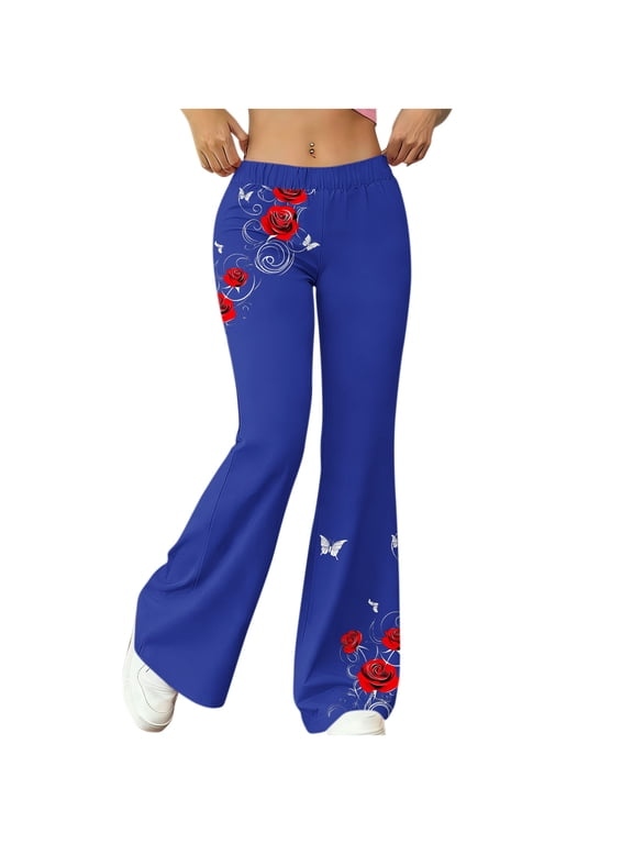 Flare Leggings with Pockets for Women High Waisted Rose Print Pants Tummy Control Slim Fitted Yoga Pant for Gym Workout Casual Trousers 2026 Valentine's Legging for Women|Blue|S