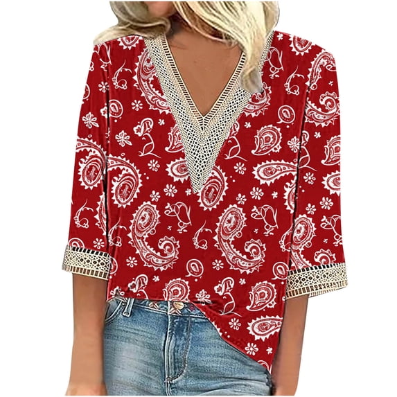 Tmtolofot Floral Printed Tops For Women Ladies Lace V-Neck T-Shirt Loose 3/4 Sleeve Cover Up 2024 Summer Fashion Top Womens Loose Casual T-Shirt Cute Party Tees,7_Multicolor,X-Large