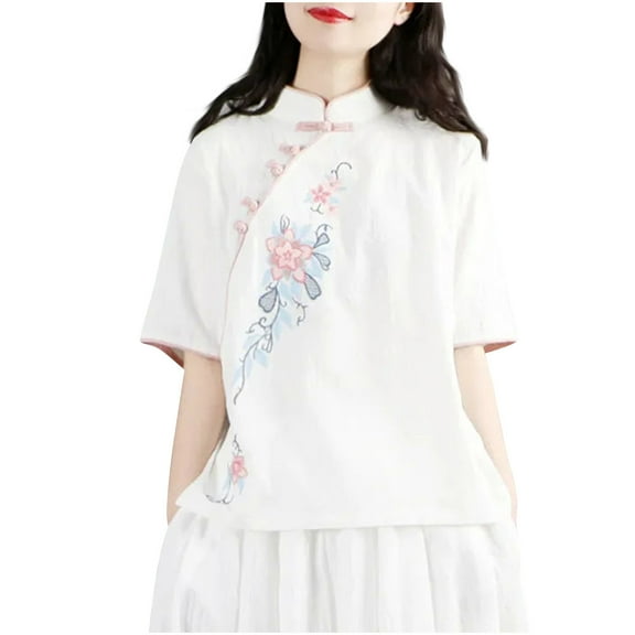 Tmtolofot Flower Print Embroidery Top For Womens Fashion Vintage Breath T-Shirts Solid Color Formal Shirts Otton Linen Lapel Tees Shirts Casual Crew Neck Tunic Top，1_Hot Pink，Large