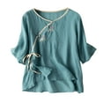 thumbnail image 1 of Tmtolofot Flower Print Embroidery Top For Womens Fashion Vintage Breath T-Shirts Solid Color Formal Shirts Otton Linen Lapel Tees Shirts Casual Crew Neck Tunic Top，1_Orange，Medium, 1 of 4