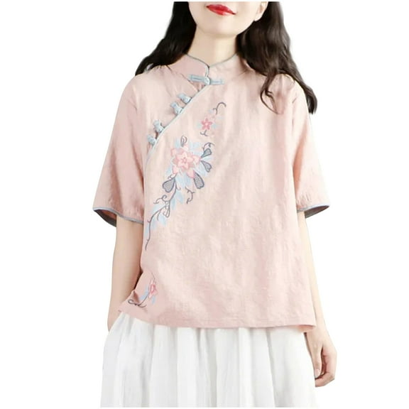 Tmtolofot Flower Print Embroidery Top For Womens Fashion Vintage Breath T-Shirts Solid Color Formal Shirts Otton Linen Lapel Tees Shirts Casual Crew Neck Tunic Top,1_Blue,3X-Large