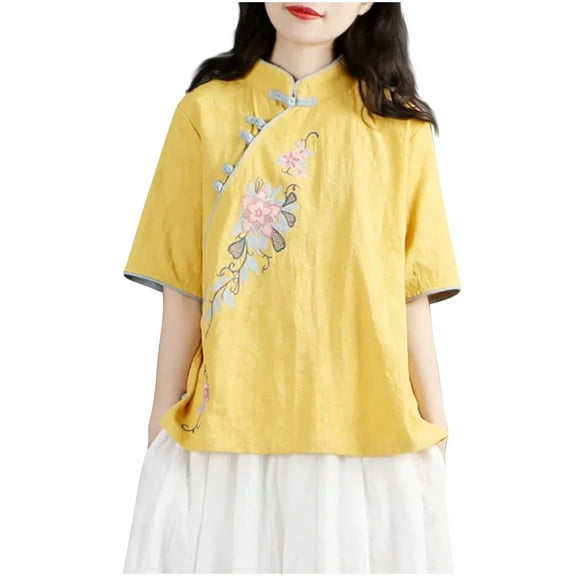 Tmtolofot Flower Print Embroidery Top For Womens Fashion Vintage Breath T-Shirts Solid Color Formal Shirts Otton Linen Lapel Tees Shirts Casual Crew Neck Tunic Top，1_Orange，XX-Large