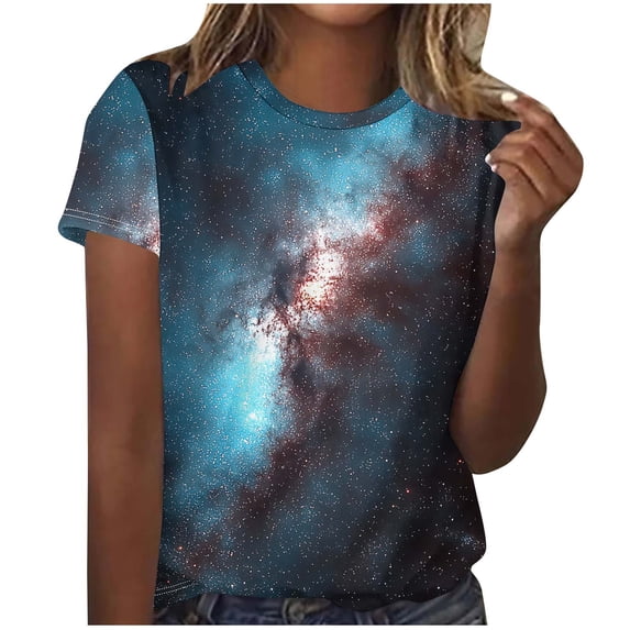 Tmtolofot Galaxy Shirts for Women Crew Neck Short Sleeve T-Shirt 3D Milkway Print Graphic Tees Lightweight Fited Blouse Cute 2026 Summer Tops Business Casual Outfits Going Out Tops|Blue|S
