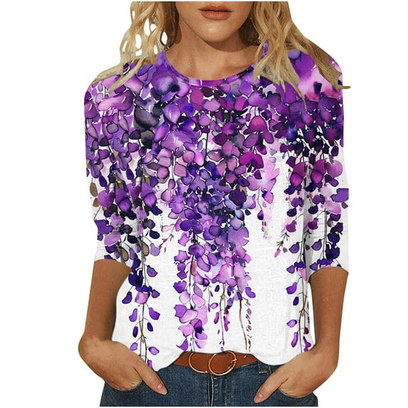 Tmtolofot Graphic Tees For Womens Summer Casual T Shirts 3/4 Sleeve Womens Round Neck Petals Printed Tops Women Comfy Lightweight Tunic Blouses
