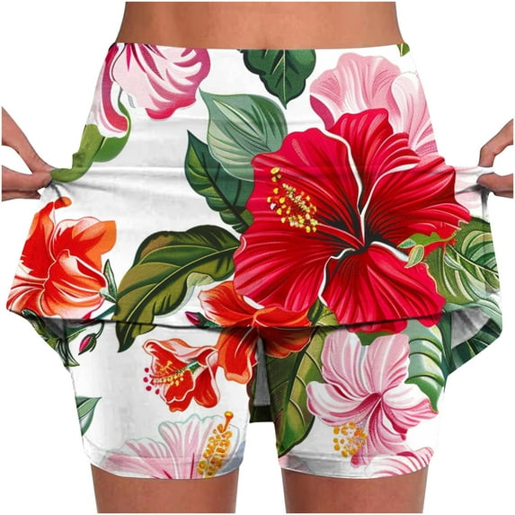 Tmtolofot High Waist Prints Skorts for Womens,Workout Yoga Cycling Intensify Shorts Female Biker Shorts With Pockets Women High Waisted Running Short Skirts,2#Red,Large