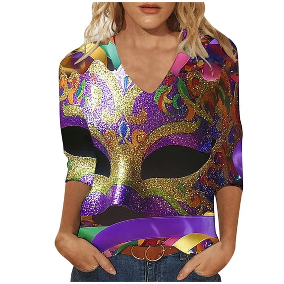 Tmtolofot Mardi Gras Womens Shirts 3/4 Sleeve Blouses Vneck Pullover Shirts Loose Tunic Clothing Mask Printed Carnival Psrty Costume,#1_Multicolor,Small