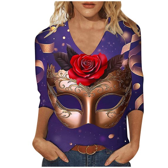 Tmtolofot Mardi Gras Womens Shirts 3/4 Sleeve Blouses Vneck Pullover Shirts Loose Tunic Clothing Mask Printed Carnival Psrty Costume,#2_Purple,4X-Large