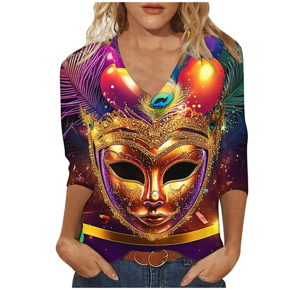 Tmtolofot Mardi Gras Womens Shirts 3/4 Sleeve Blouses Vneck Pullover Shirts Loose Tunic Clothing Mask Printed Carnival Psrty Costume,#6_Purple,5X-Large
