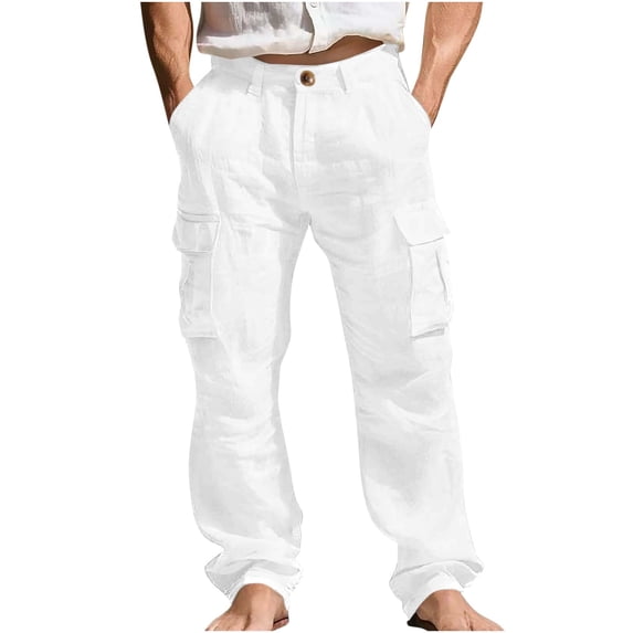 Tmtolofot Men's Linen Pants Wide Leg Button Down Pant with Belt Loops & Pockets Loose Casual Trousers Lightweight Trendy Slacks 2026 Spring Summer Vacation Travel Outfits|White|S