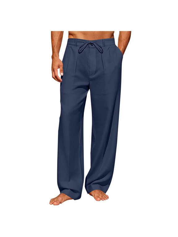 Men's Linen Pants Wide Leg Button Down Pant with Belt Loops & Pockets Loose Casual Trousers Lightweight Trendy Slacks 2026 Spring Summer Vacation Travel Outfits|Navy|S
