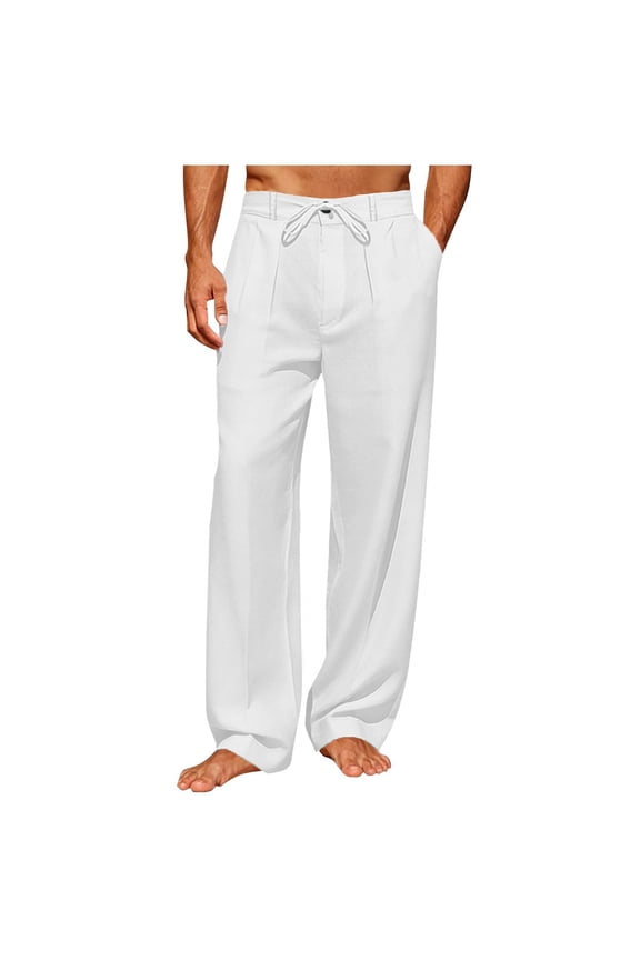 Men's Linen Pants Wide Leg Button Down Pant with Belt Loops & Pockets Loose Casual Trousers Lightweight Trendy Slacks 2026 Spring Summer Vacation Travel Outfits|White|M