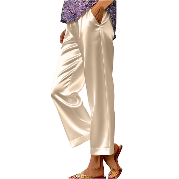 Tmtolofot Satin Silk Pants for Women Wide Leg Elastic Waist Pant with Pockets Straight Leg Dressy Trouser Business Casual Outfits Loose Fit Vintage Slacks 2026 Spring Fall Pants|Beige|XL