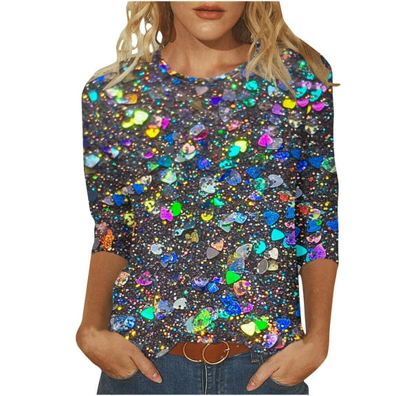 Tmtolofot Sequin Tops for Women 3/4 Sleeve Basic Shirts Loose Crewneck Tunic Blouses Teen Girls Cozy Pullover Tshirts for Legging Fashion Outfits,6_Navy,Medium