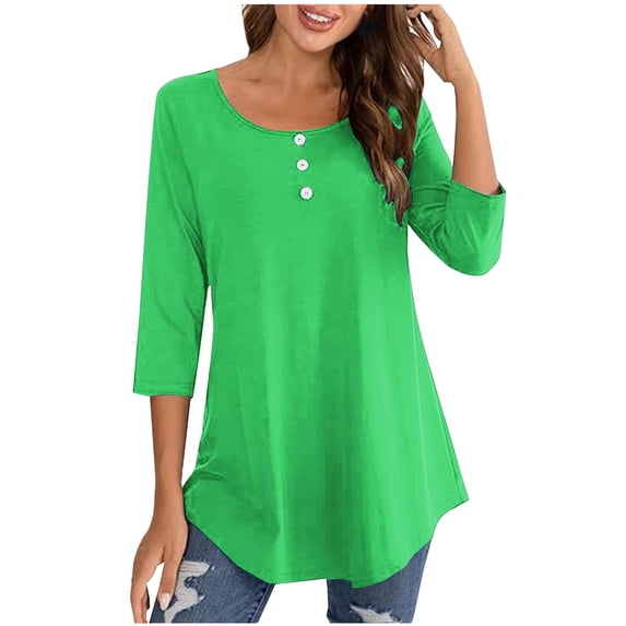 Tmtolofot Shirts for Women Round Neck Button Down Tunic Blouses 3/4 Sleeve Shirts Summer Tops womens Fashion Basic Tee Solid Color Asymmetric Hem Top,1_Army Green,Large