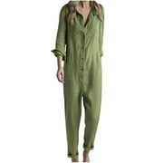 Tmtolofot Jumpsuits for Women,Plus Size Wide Leg Overalls,Casual Solid Long Sleeve Turn Down Collar V Neck Buttons Cotton Linen Romper Long Playsuit Pocket Jumpsuit , 1#Green , Large