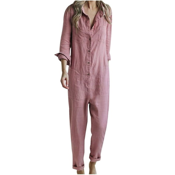 Tmtolofot Summer Dressy Jumpsuit For Women Short Sleeve Button Neck Turn Down Collar Pants With Pocket Playsuit Club Wear Straight Leg Solid Color Jumpsuit With Belt , 1#Pink , Medium