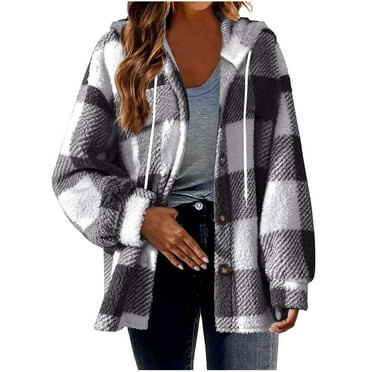 Tmtolofot Trendy Fleece Plaid Hooded Coats for Women Long Sleeve Button Jackets Loose Open Front Fuzzy Sherpa Outerwear,Gray,Small