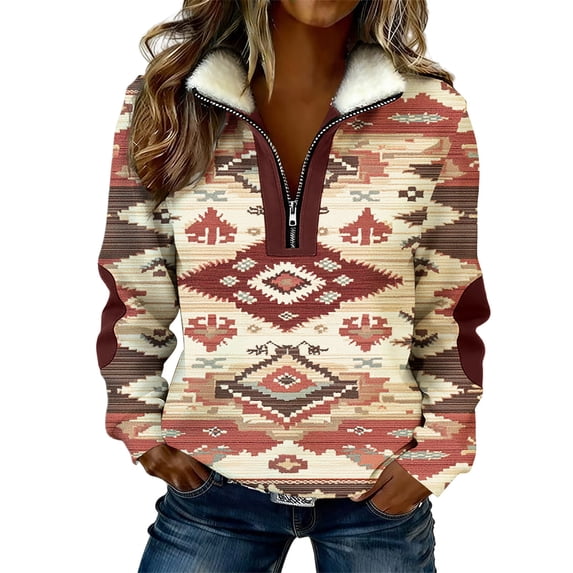 Tmtolofot Vintage Print Sweatshirt for Women Quarter Zip Pullover Women Boho Loose Fit Sweat Shirts V Neck Fleece Collared Tops Dressy Casual Trendy Outfits 2026 Spring Fall Tops | Multicolor | M