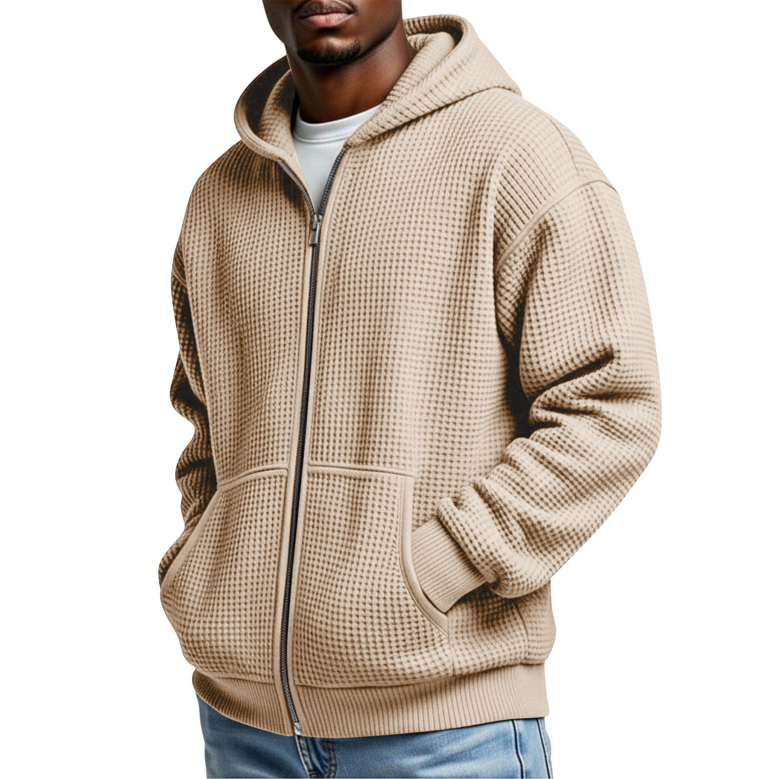 Tmtolofot Waffle Knit Hoodies for Men Full Zip Hooded Sweatshirts