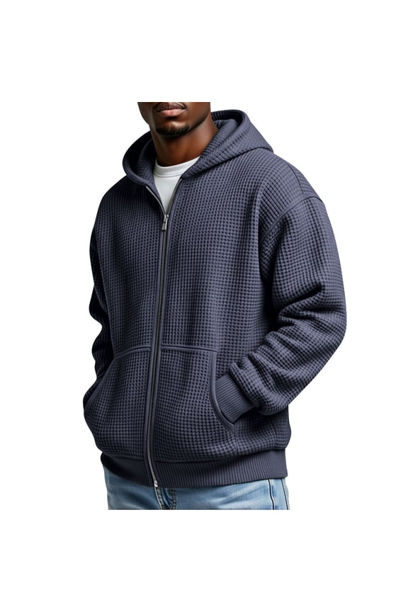 Waffle Knit Hoodies for Men Full Zip Hooded Sweatshirts with Pockets Loose Ribbed Pullover Tops Casual Athletic Cardigan Outdoor Workout Loungewear Blue XXL