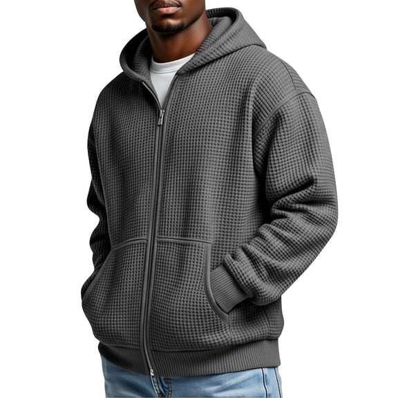 Tmtolofot Waffle Knit Hoodies for Men Full Zip Hooded Sweatshirts with Pockets Loose Ribbed Pullover Tops Casual Athletic Cardigan Outdoor Workout Loungewear Gray M