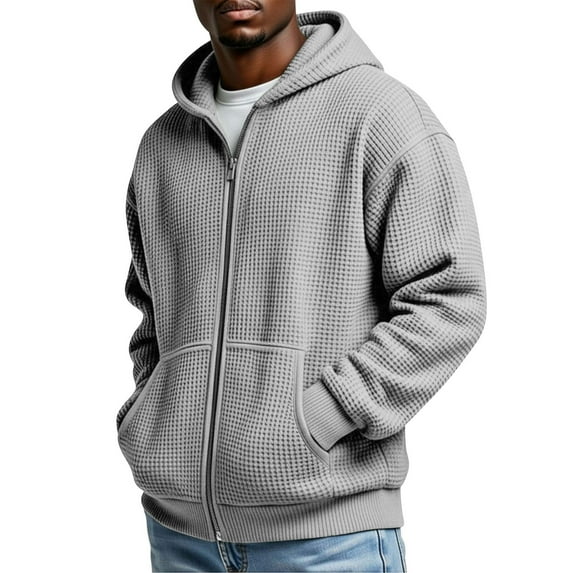 Tmtolofot Waffle Knit Hoodies for Men Full Zip Hooded Sweatshirts with Pockets Loose Ribbed Pullover Tops Casual Athletic Cardigan Outdoor Workout Loungewear Gray L
