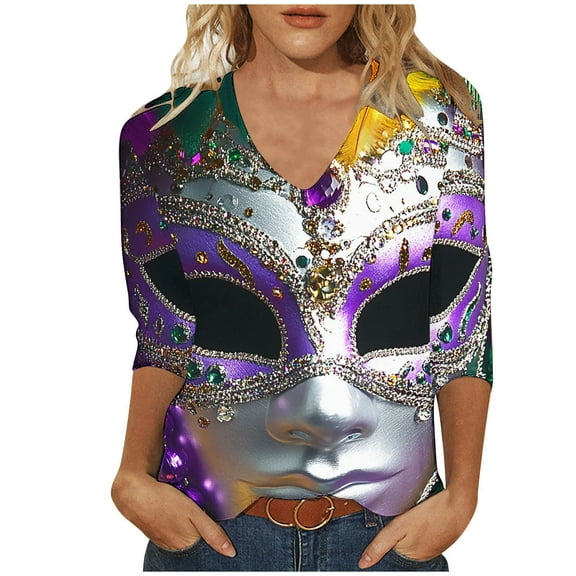 Tmtolofot Woman Blouses Mask Printed Shirts, V-neck 3/4 Sleeve Tops, Lady Carnival Party Costume, Teen Girls Comfy Tunic Pullover Shirt,#1_Silvery,4X-Large