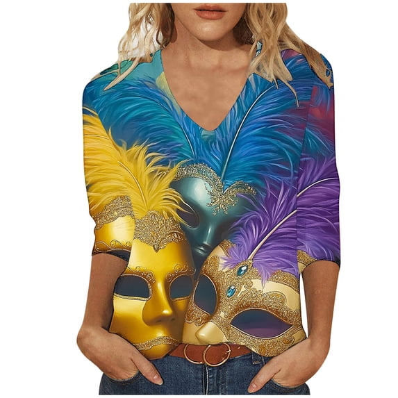 Tmtolofot Woman Blouses Mask Printed Shirts, V-neck 3/4 Sleeve Tops, Lady Carnival Party Costume, Teen Girls Comfy Tunic Pullover Shirt,#2_Multicolor,XX-Large