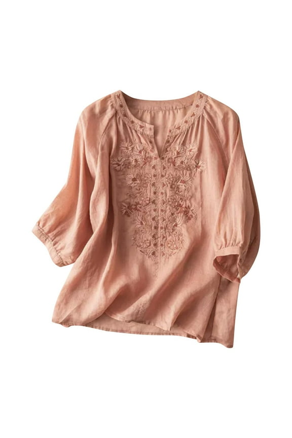 Women Cotton Blend Crew Neck 3/4 Length Sleeve Open Collar Tops Women Basic Linen Tunic Tee Eyelet Embroidery Shirts Tops Plus Size Blouse 1#Orange Medium
