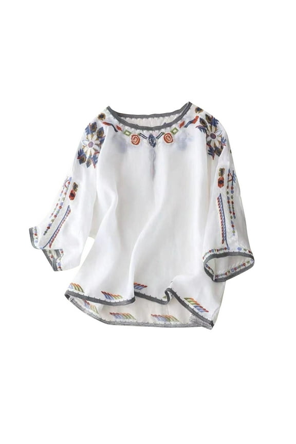 Women Cotton Pullover Top Eyelet Embroidery Shirts Crew Neck 3/4 Length Sleeve Open Collar Tops Women Basic Linen Tunic Tee Tops Plus Size Blouse 1#White Large