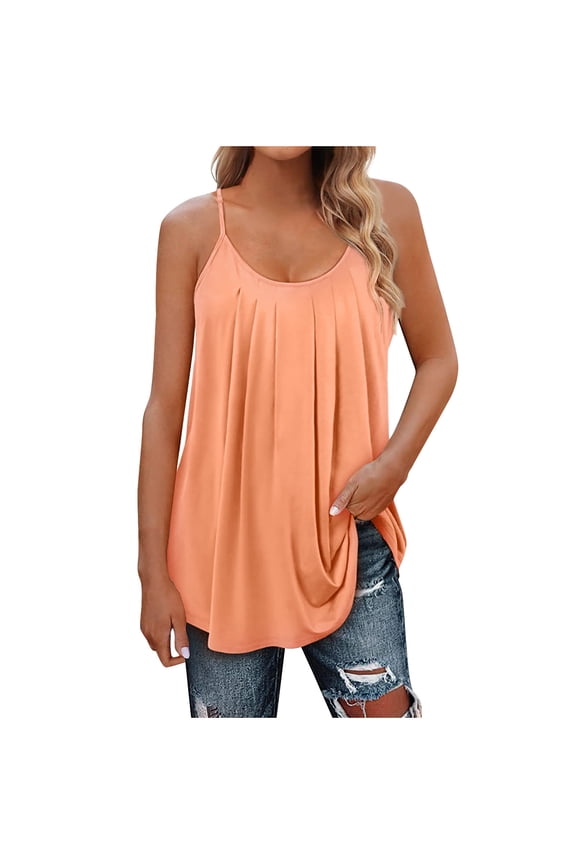 Women Pleated Camisole Solid Color Sleeveless T-Shirts Adjustable Loose Soft Top Symmetric Hem Boxy Comfy Tank Tops For Leggings Yoga Going Out Clothing,1_Orange,Medium