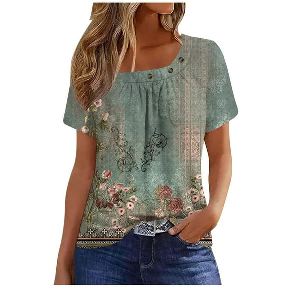 Tmtolofot Women Shirts Ruched Petal Print Short Sleeve Tops Square Neck Loose Fitted Tunic Blouse for Leggings Ornamental Buttons Sexy Soft Comfy Casual T-Shirts,1_Army Green,3X-Large